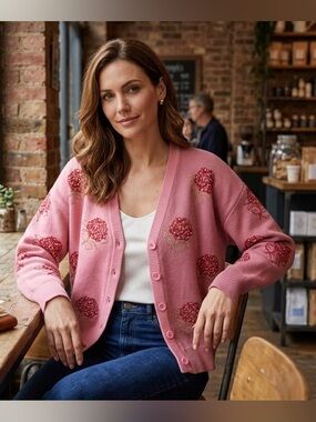 Clara the Label /Liana Embroidered Pink Cotton Cardigan Sweater - Sz L -NWT
